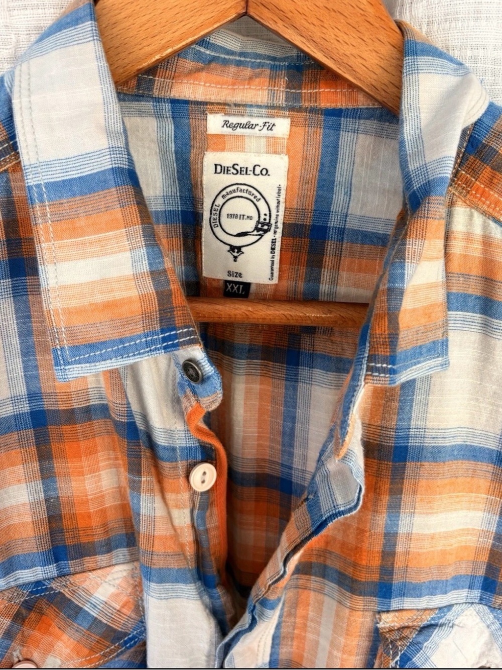 Diesel Men’s XXL Orange Blue Plaid Western Shirt Zip Pocket Y2K